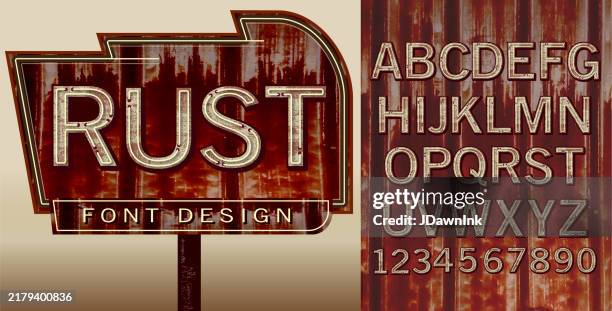 retro old fashioned worn and rusty metal neon sign font design alphabet - rust colored stock illustrations