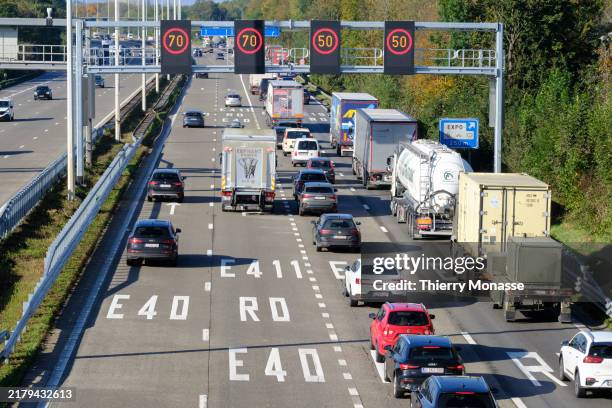 Traffic jam forms on the E40 motorway between Liege and Brussels for drivers going to the Brussels Ring on October 22, 2024 in Brussels, Belgium. Due...