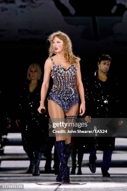 Taylor Swift performs onstage during The Eras Tour at Hard Rock Stadium on October 18, 2024 in Miami Gardens, Florida.