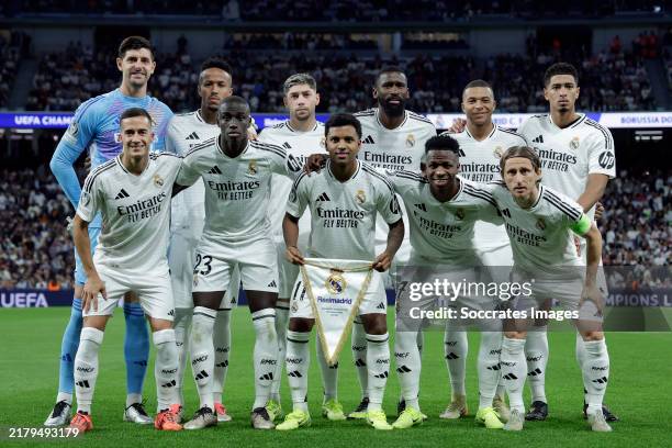 Standing: Thibaut Courtois of Real Madrid, Eder Militao of Real Madrid, Federico Valverde of Real Madrid, Antonio Rudiger of Real Madrid, Kylian...
