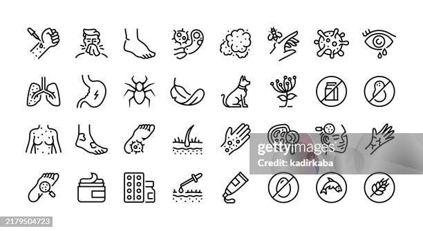 ilustraciones, imágenes clip art, dibujos animados e iconos de stock de conjunto de iconos de línea de alergias. grupo de objetos. prueba de alergia, bacterias, polvo, virus, eczema, dermatología, piel seca. - eczema