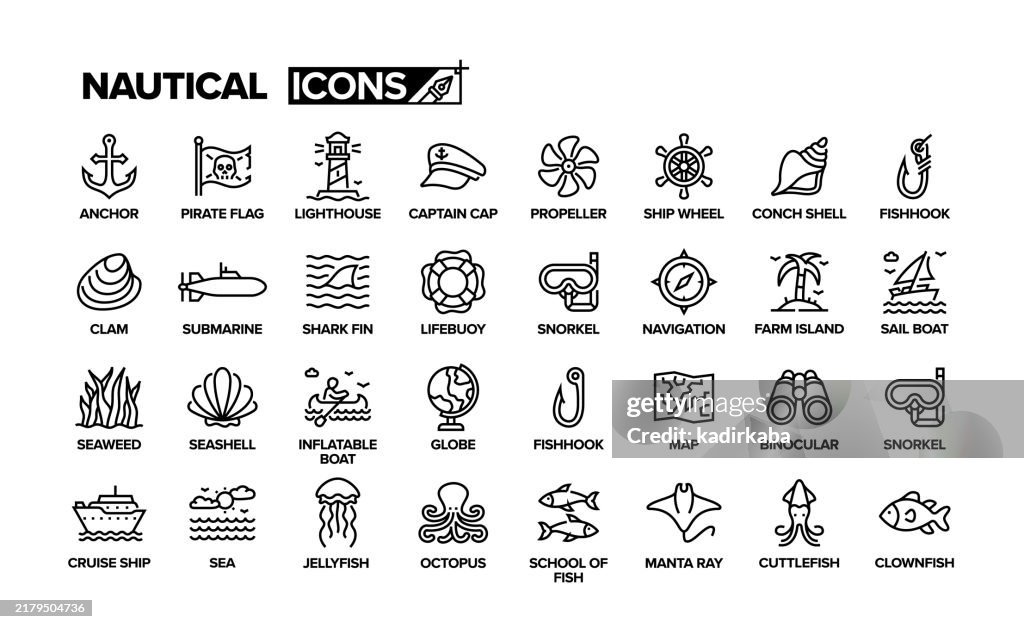 Nautische Linie Icon Set. Gruppe von Objekten. Boot, Leuchtturm, Kapitänskappe, Schiffsrad, Segelboot, Kreuzfahrtschiff, U-Boot, Schnorchel, Fisch.