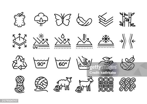 stoffmerkmale liniensymbolsatz. gruppe von objekten. baumwolle, seide, wolle. - feathers stock-grafiken, -clipart, -cartoons und -symbole