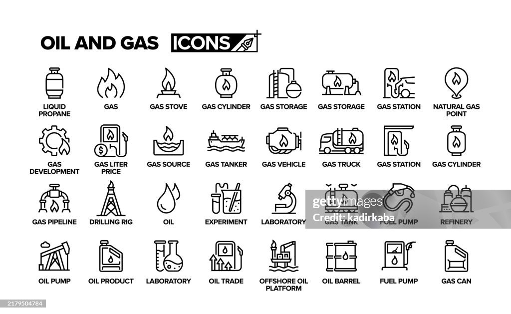 Oil and gas line icon set. Group of object. Gas source, refinery, petrol.