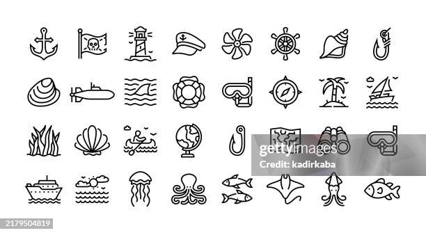 ilustrações de stock, clip art, desenhos animados e ícones de nautical line icon set. group of object. boat, lighthouse, captain cap, ship wheel, sail boat, cruise ship, submarine, snorkel, fish. - chapéu de marinheiro