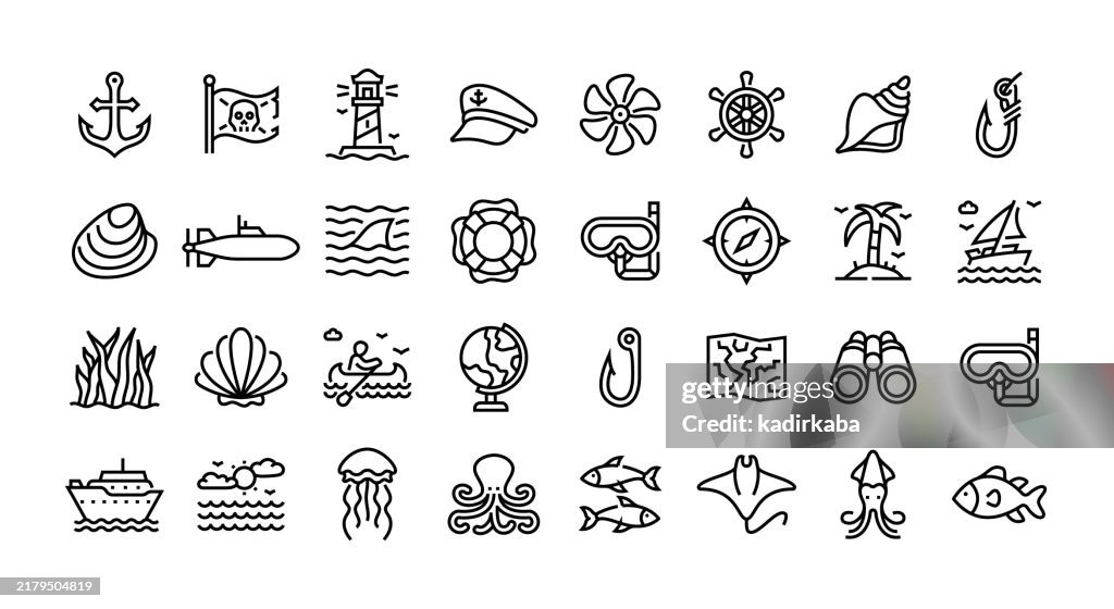 Nautical line icon set. Group of object. Boat, lighthouse, captain cap, ship wheel, sail boat, cruise ship, submarine, snorkel, fish.