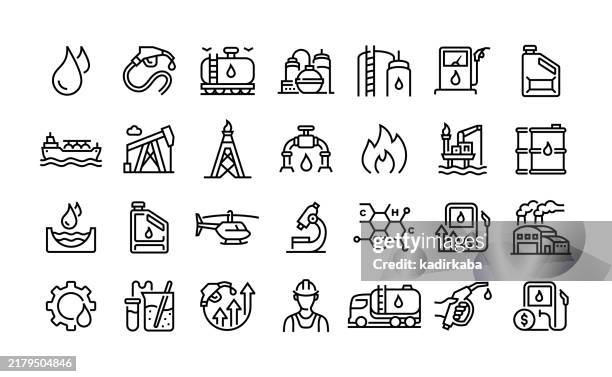 oil industry line icon set. group of object. oil, gas, refinery, oil pump, oil tanker, oil barrel, oil source, drilling rig. - gas can stock illustrations