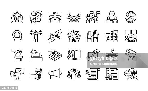symbolsatz für die vermittlungslinie. gruppe von objekten. konflikt, streit, gegner, debatte, schlüssigkeit, meinung, wettbewerber, intervention, partizipation. - diplomatie stock-grafiken, -clipart, -cartoons und -symbole