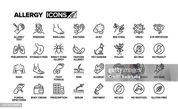illustrations, cliparts, dessins animés et icônes de ensemble d’icônes de ligne d’allergie. groupe d’objets. test d’allergie, bactéries, poussières, virus, eczéma, dermatologie, peau sèche. - symptome