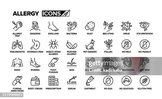 Allergy line icon set. Group of object. Allergy test, bacteria, dust, virus, eczema, dermatology, dry skin. Allergy line icon set. Group of object. Allergy test, bacteria, dust, virus, eczema, dermatology, dry skin.