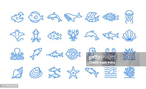 ocean and sea life line icon set. group of object. fish, shark, octopus, reefs, crab, whale, school of fish. - tropischer fisch stock-grafiken, -clipart, -cartoons und -symbole