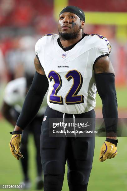 Baltimore Ravens Running Back Derrick Henry warms up before the game between the Baltimore Ravens and the Tampa Bay Buccaneers on October 21, 2024 at...