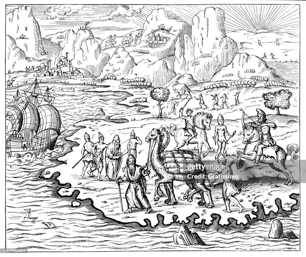 Transporting merchandise with camels on the great Silk Road in the Middle Ages 16th century