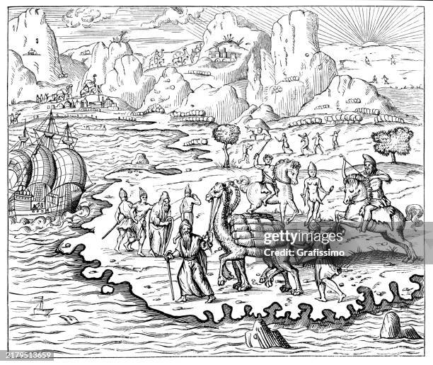 transporting merchandise with camels on the great silk road in the middle ages 16th century - silk road asia stock illustrations