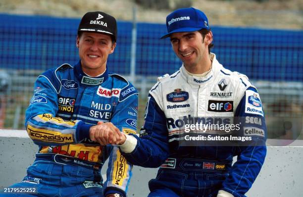 Michael Schumacher Benetton and Damon Hill Williams shake hands on a good, clean fight for the World Championship crown. Formula One World...