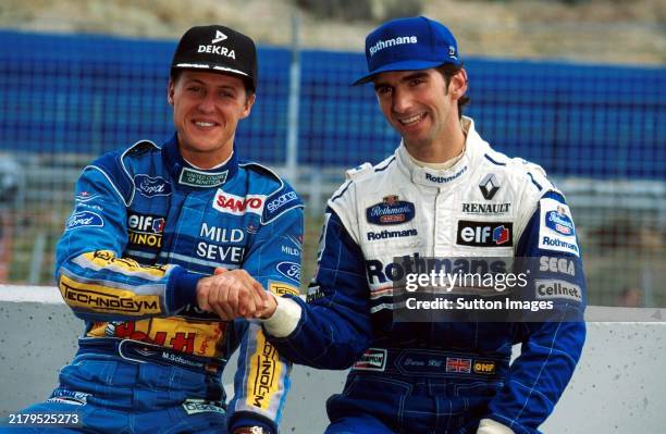 Michael Schumacher Benetton and Damon Hill Williams shake hands on a good, clean fight for the World Championship crown. Formula One World...