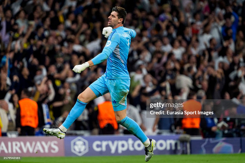 Goalkeeper Thibaut Courtois of Real Madrid celebrates after winning