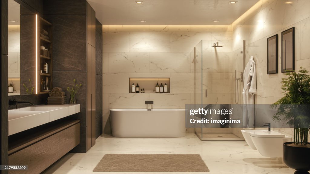 Luxurious Modern Bathroom Interior With Marble Finish and Soft Lighting