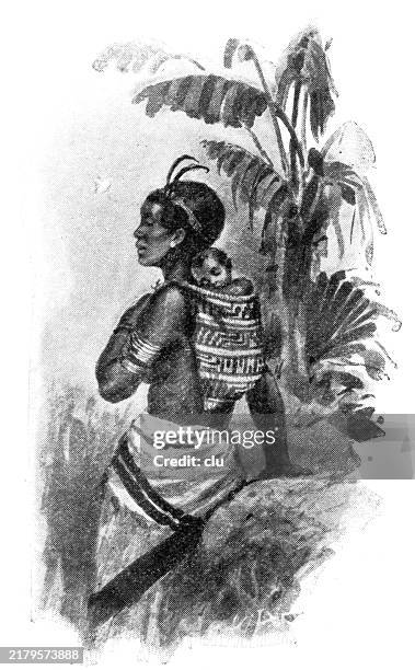 new guinea, native woman with bag for the child - papua girl stock illustrations