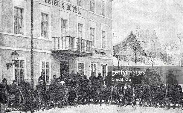 in the giant mountains, agnetendorf, hotel with hörnerschlitten sledges and guests - karkonosze mountain range stock illustrations