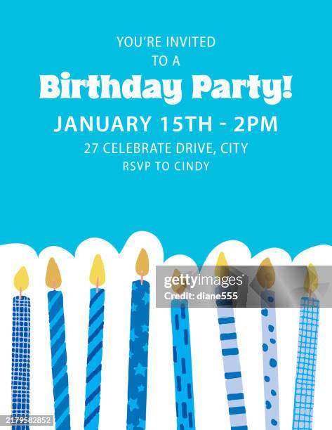 fun blue birthday party invitation with candles and copy space - birthday card stock illustrations