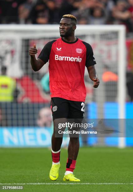 Victor Boniface of Bayer 04 Leverkusen celebrates scoring his team's second goal during the Bundesliga match between Bayer 04 Leverkusen and...