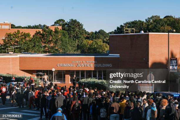 Students march in front the Albert N. Whiting Criminal Justice Building during the Soar to The Polls event held on the campus of North Carolina...
