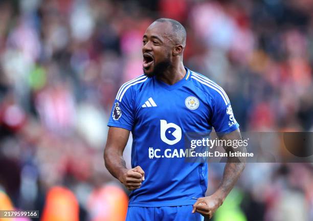 Jordan Ayew of Leicester City celebrates scoring his team's third goal during the Premier League match between Southampton FC and Leicester City FC...