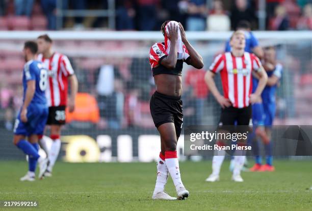 Kamaldeen Sulemana of Southampton shows dejection after the Premier League match between Southampton FC and Leicester City FC at St Mary's Stadium on...
