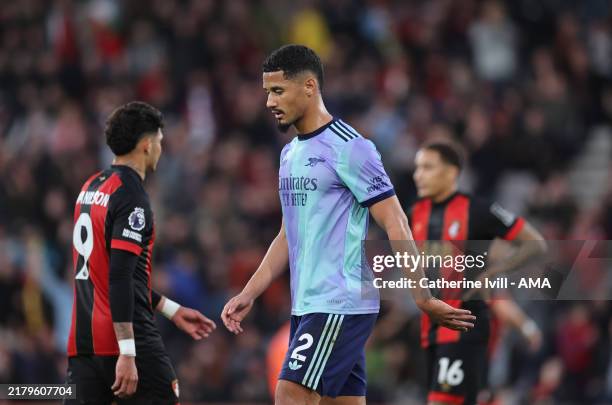 William Saliba of Arsenal walks off after being shown a red card during the Premier League match between AFC Bournemouth and Arsenal FC at Vitality...