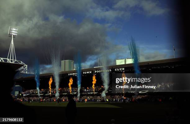 General view inside the stadium, as a pyrotechnic display takes place prior to the Premier League match between Ipswich Town FC and Everton FC at...
