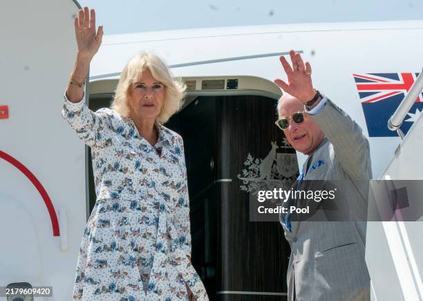 King Charles III and Queen Camilla wave goodbye as they depart the country on October 23, 2024 in Sydney, Australia. The King's visit to Australia is...