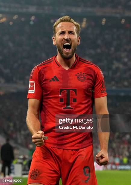 Harry Kane of Bayern Munich celebrates scoring his team's second goal during the Bundesliga match between FC Bayern München and VfB Stuttgart at...