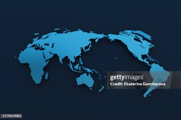 light blue world map. flat projection with copy space around the continents on a dark background. - world map flat stock pictures, royalty-free photos & images