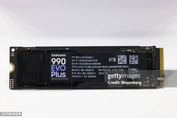Samsung Electronics Co. 990 EVO Plus solid state drive displayed at the Semiconductor Exhibition in Seoul, South Korea, on Wednesday, Oct. 23, 2024....
