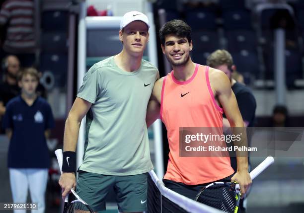 Jannik Sinner of Italy and Carlos Alcaraz of Spain pose for a photo together ahead of their Men's Singles Final match on day three of the Six Kings...