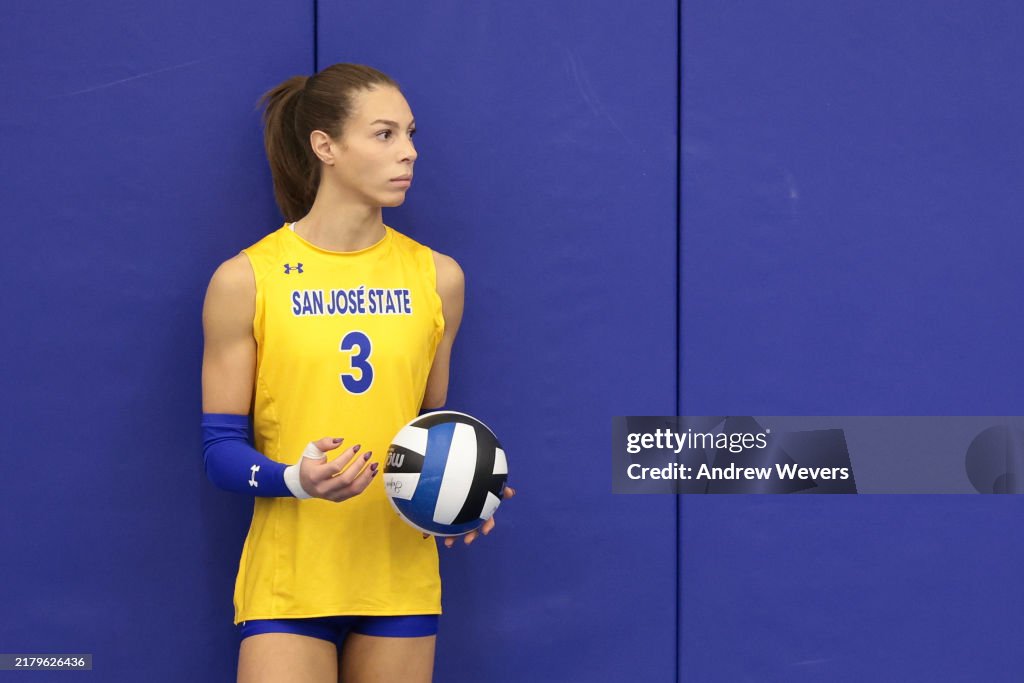 Blaire Fleming of the San Jose State Spartans waits to serve during