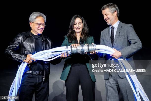 King Frederik X of Denmark , CEO and founder of Nvidia Jensen Huang , and CEO of the Danish Centre for AI Innovation A/S, Nadia Carlsten ,...