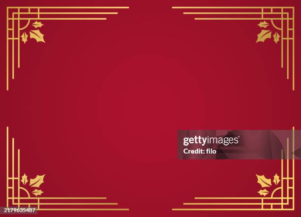 illustrazioni stock, clip art, cartoni animati e icone di tendenza di festa di natale rosso oro agrifoglio art deco design cornice - cornice natale