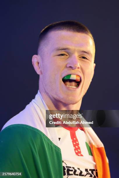 Paul Hughes reacts as he enters the arena ahead of the Lightweight fight between AJ McKee and Paul Hughes as part of the PFL Super Fights: Battle of...