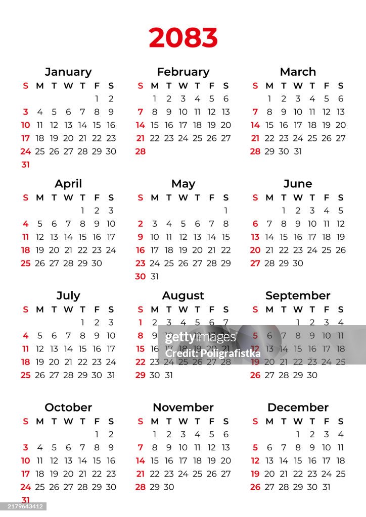 2083 Calendar.pdf Calendar For 2083 Starts On Sunday High-Res Vector Graphic - Getty Images