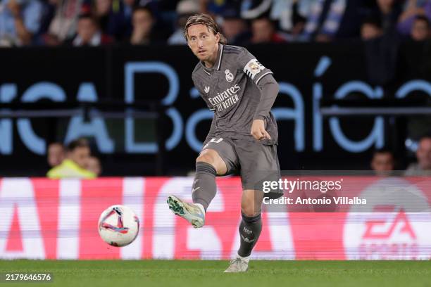 Luka Modric of Real Madrid in action during the La Liga match between RC Celta de Vigo and Real Madrid CF at Estadio Balaidos on October 19, 2024 in...