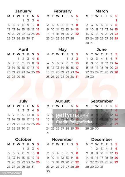 illustrazioni stock, clip art, cartoni animati e icone di tendenza di calendario per il 2026 - inizia il lunedì - lunedì