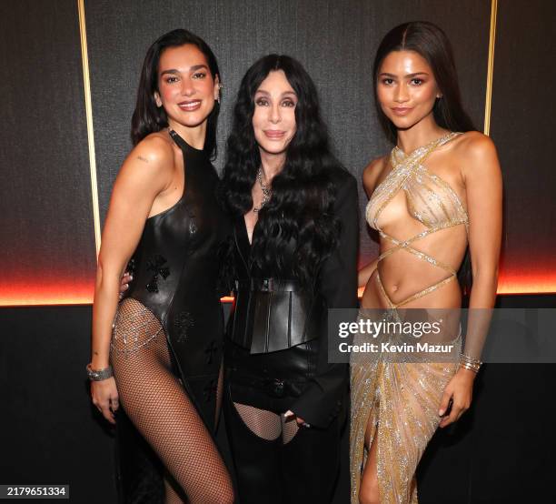 Dua Lipa, Cher and Zendaya are seen backstage at the 2024 Rock & Roll Hall Of Fame Induction Ceremony streaming on Disney+ at Rocket Mortgage...