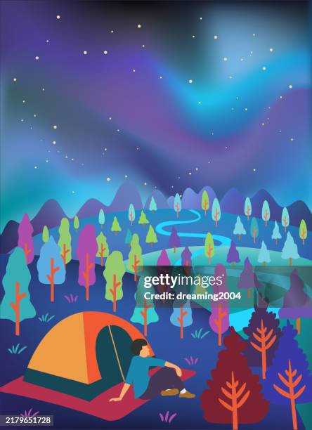 stargazing in a tranquil forest - north pole background stock illustrations