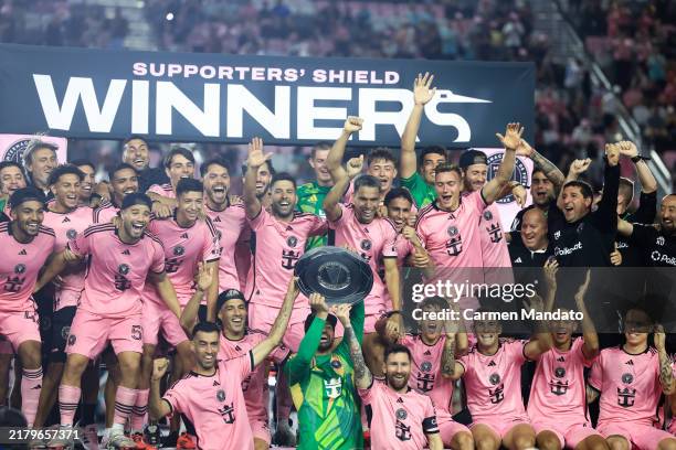 Lionel Messi and Inter Miami lift the Supporters' Shield after defeating New England Revolution at Chase Stadium on October 19, 2024 in Fort...