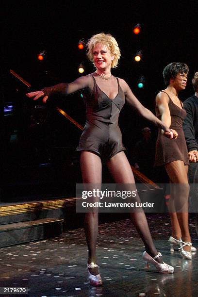 Actress Melanie Griffith appears at the curtain call for her opening night in Chicago The Musical July 20 at the Ambassador Theater in New York City.