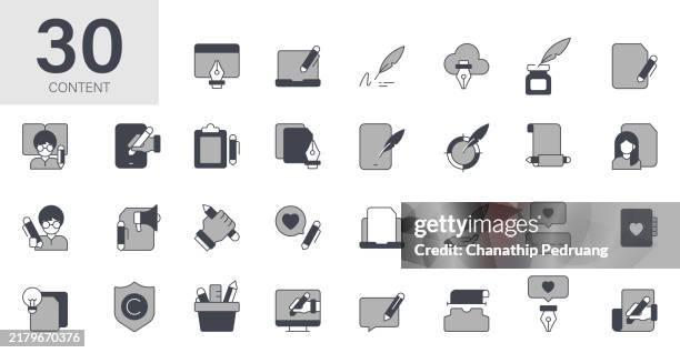 content marketing icon set. solid icon collection. vector illustration. stock illustration icon symbol, writing - activity, the media, blogging - hands typing stock illustrations