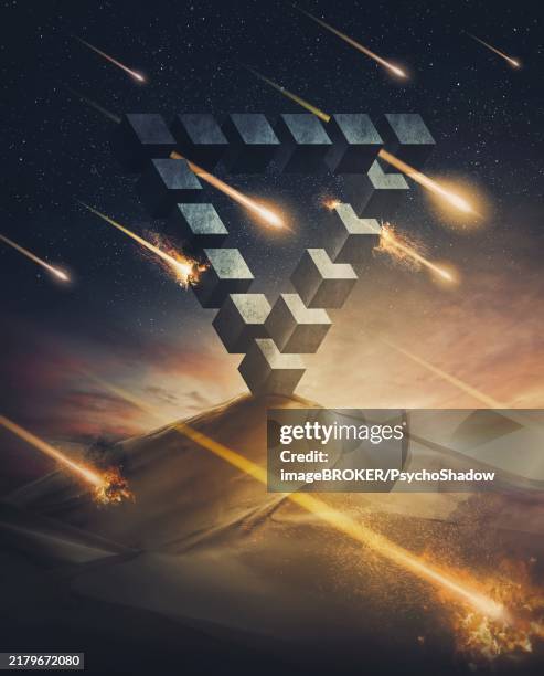 meteor shower falling on another planet on a faraway galaxy. abstract shape alien construction, penrose triangle shape, in the middle of a desert bombarded by comets. surreal cosmic background - penrose triangle stock illustrations