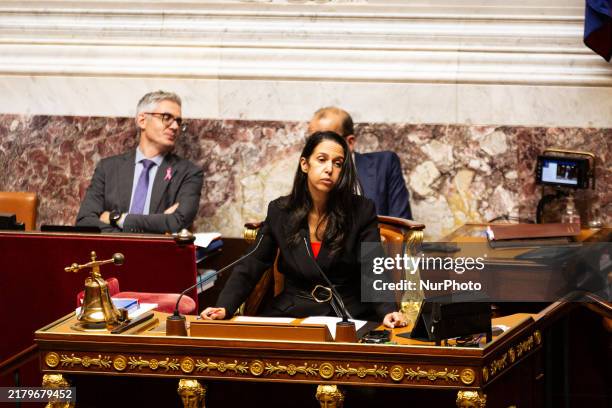 Na?ma Moutchou, deputy of the Horizons et Ind?pendants group, is seen during the debate on the new finance bill at the National Assembly in Paris,...
